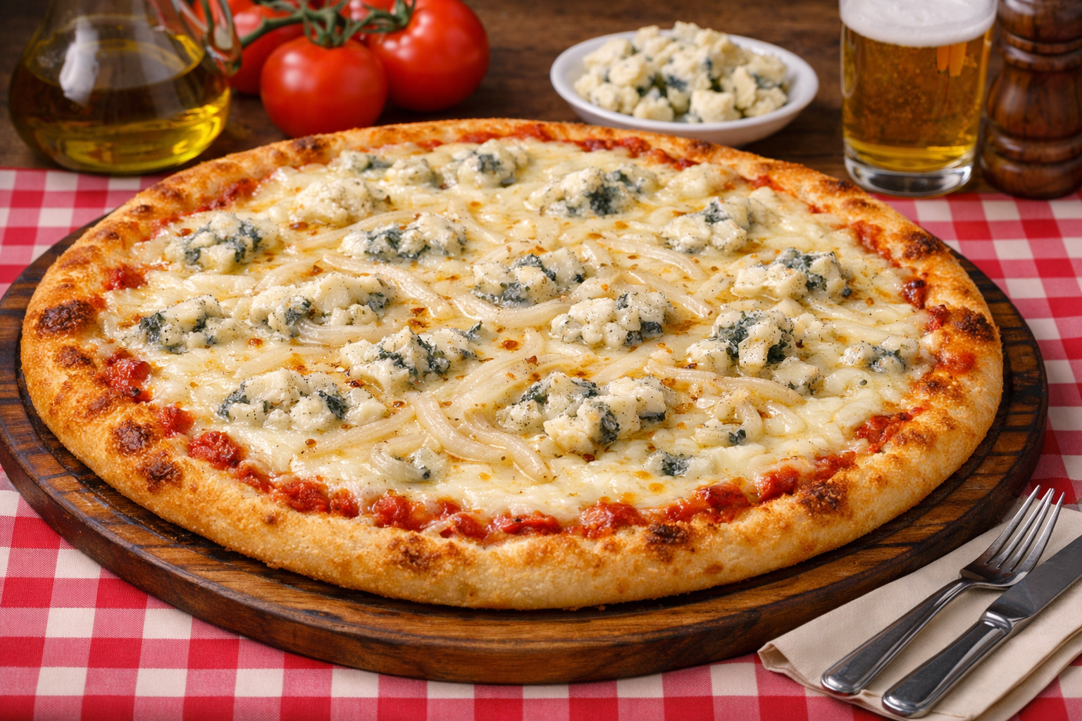 Pizza artesanal argentina con mozzarella y queso roquefort