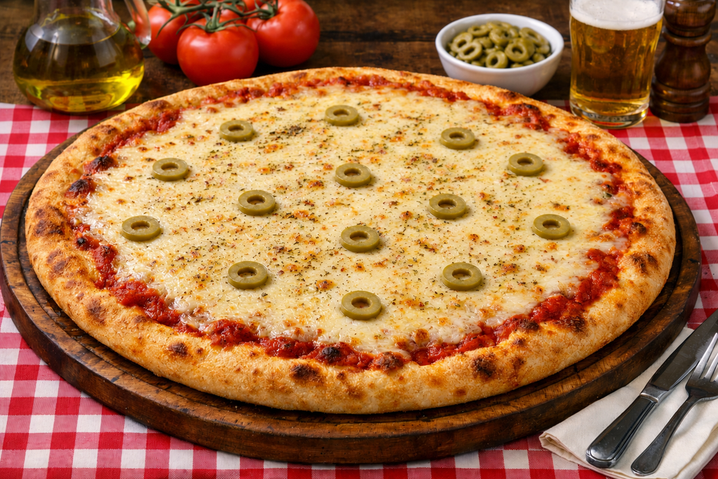 Pizza, 200 grs mozzarella de la hacienda San Rafael Argentina, salsa tomate san marzano artesanal, aceitunas verdes.