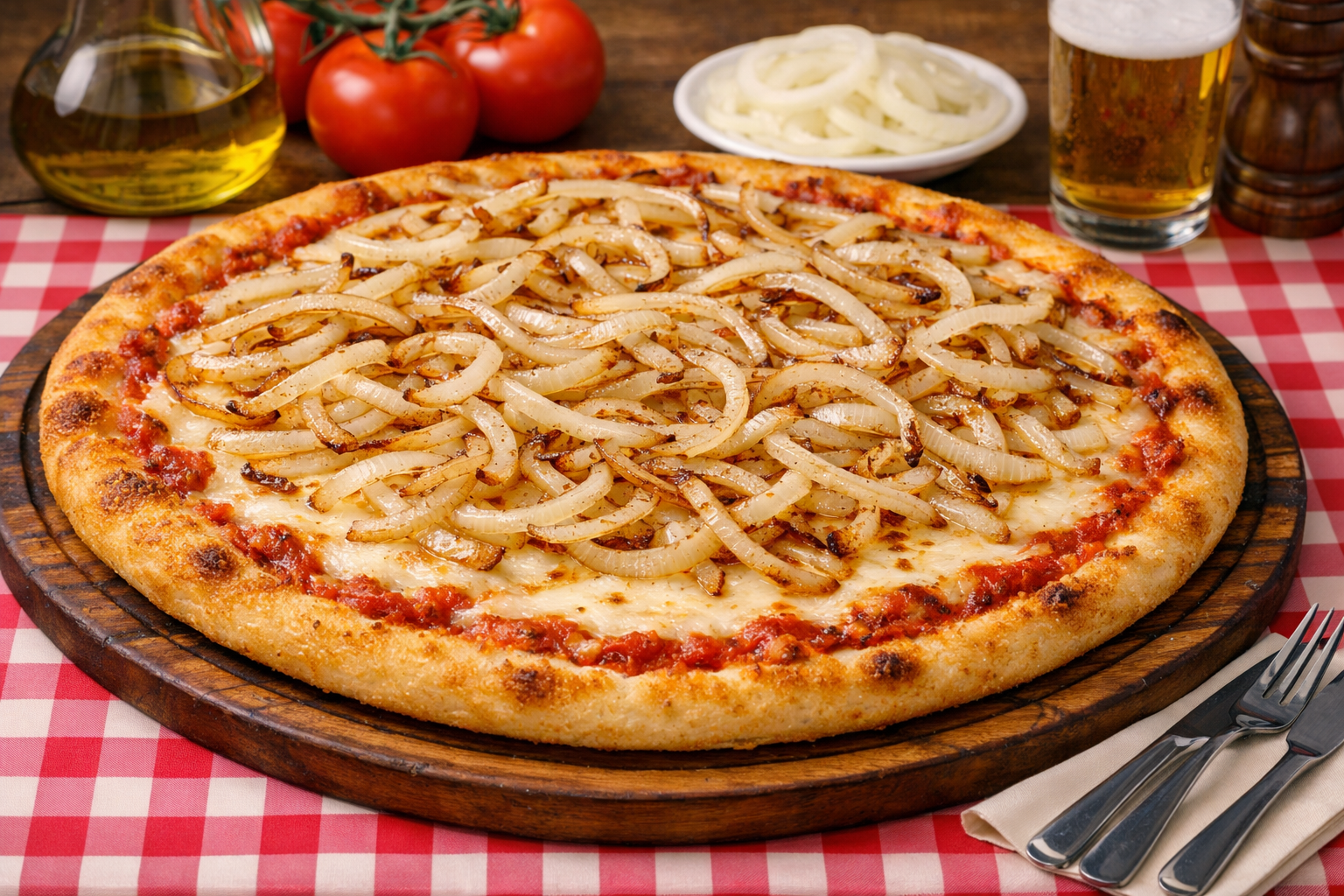 pizza argentina artesanal con mozzarella y cebolla caramelizada