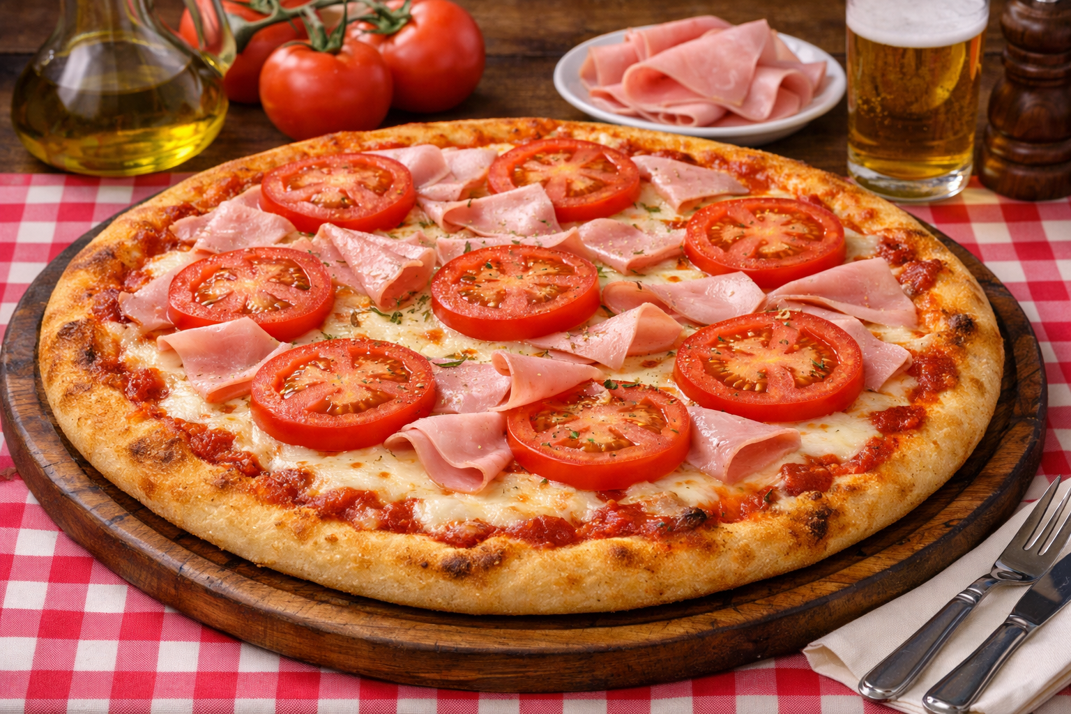 pizza argentina artesanal con mozzarella de tomate con jamon colonial de pierna