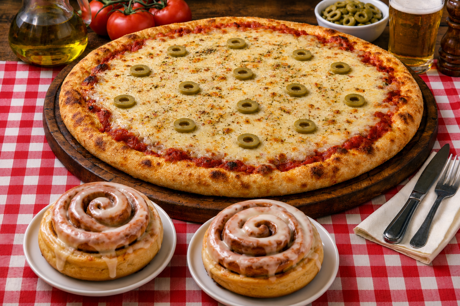 Pizza aceitunas verdes más 2 cinnamon rolls